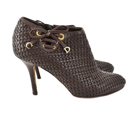 DIOR: Dark Brown Woven Leather & "CD" Logo Booties - Picture 4 of 11